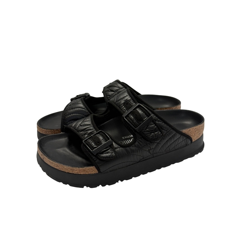 Papillio by Birkenstock Arizona Platform Black Quilted Nylon Sandals Womens 36